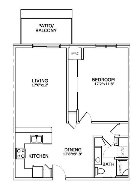 A floor plan of a home with a living room, dining room, kitchen, bedroom, and bathroom.